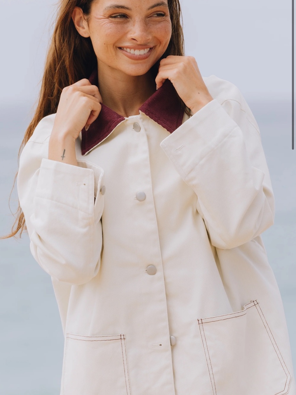 Daily Drills NWTCream Oversized Jacket with Contrast Burgundy Corduroy Collar